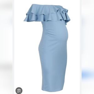 Maternity Boohoo Blue Off-Shoulder Sheath Dress with Ruffled Overlay